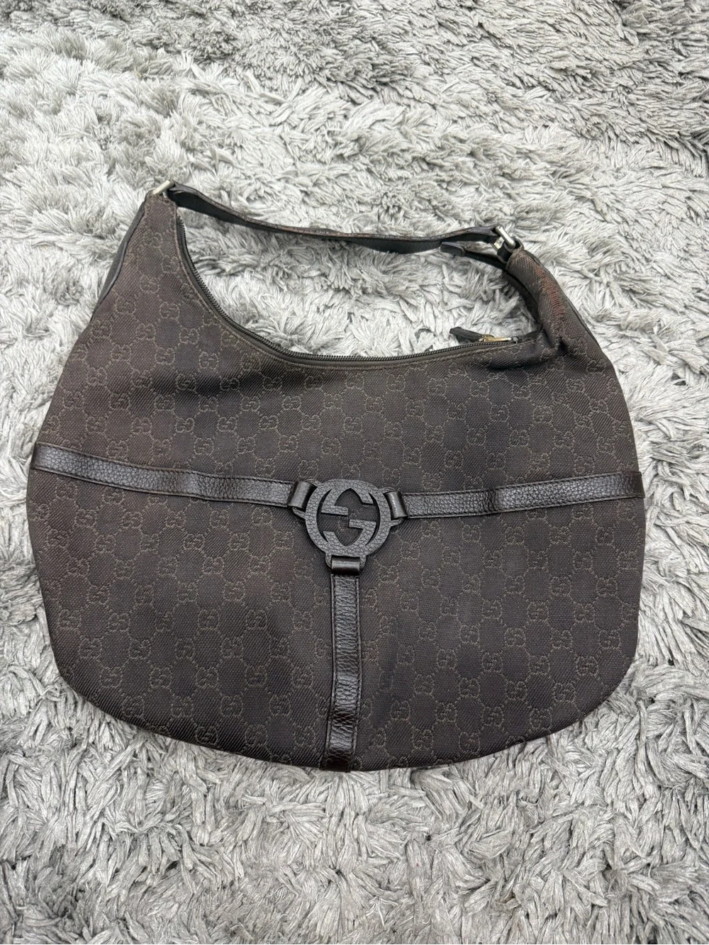 GUCCI Brown GG Canvas Hobo Handbag
